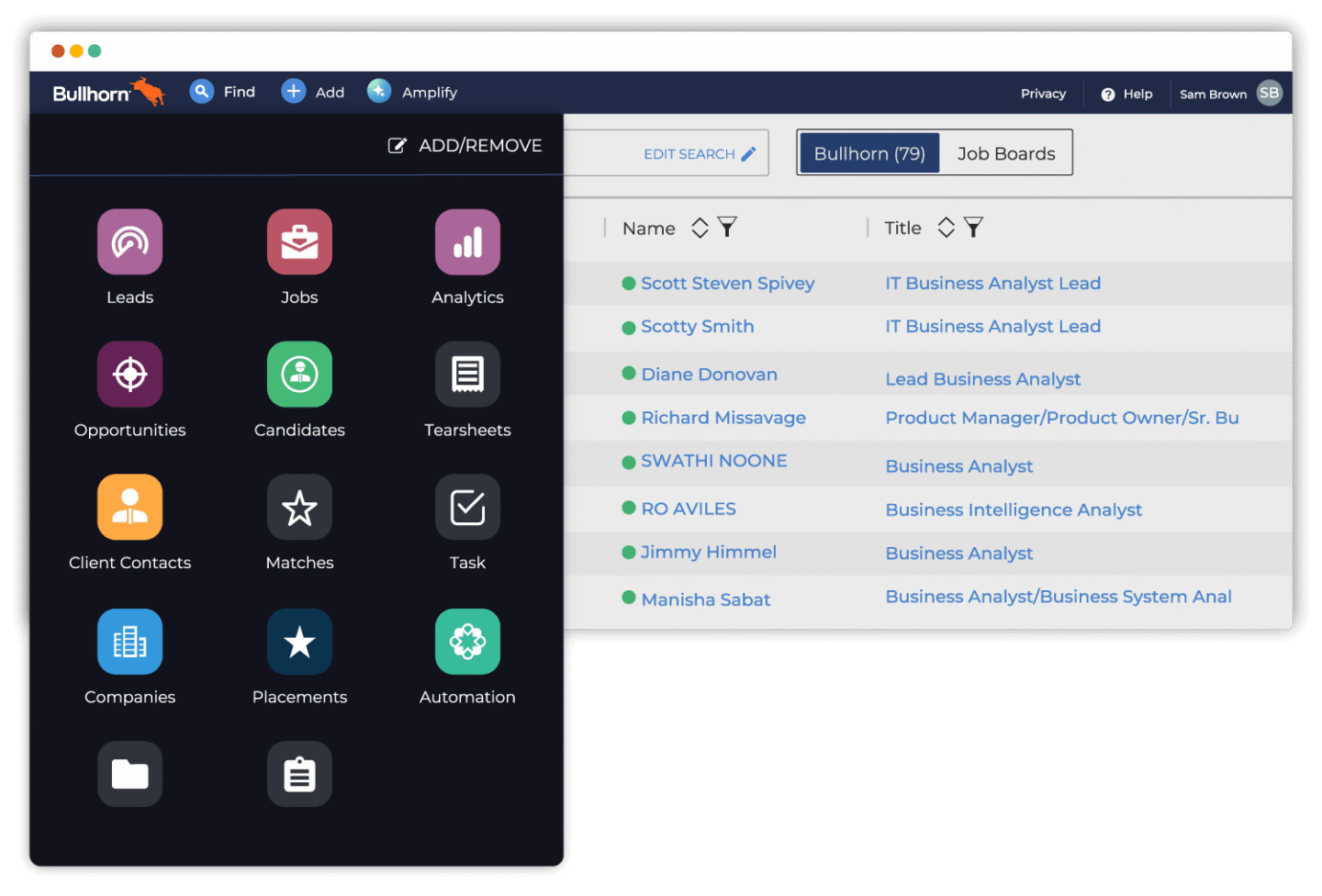 A staffing software interface showing a navigation menu with icons for leads, jobs, and automation next to a list of candidate names and titles within an AI-powered ATS & CRM for small staffing agencies.