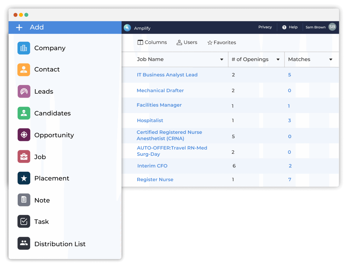 A recruitment software dashboard showing an open drop-down menu to add companies, contacts, and candidates next to a job openings list in an AI-powered ATS & CRM for small staffing agencies.