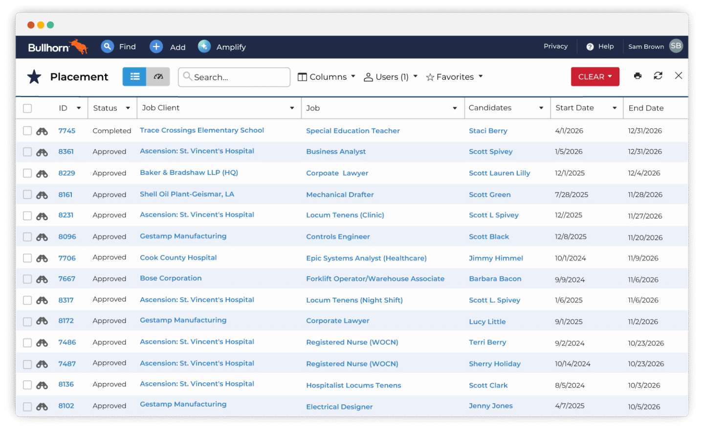 A placement tracking data table displaying client names, job titles, candidate names, and start dates inside an AI-powered ATS & CRM for small staffing agencies.