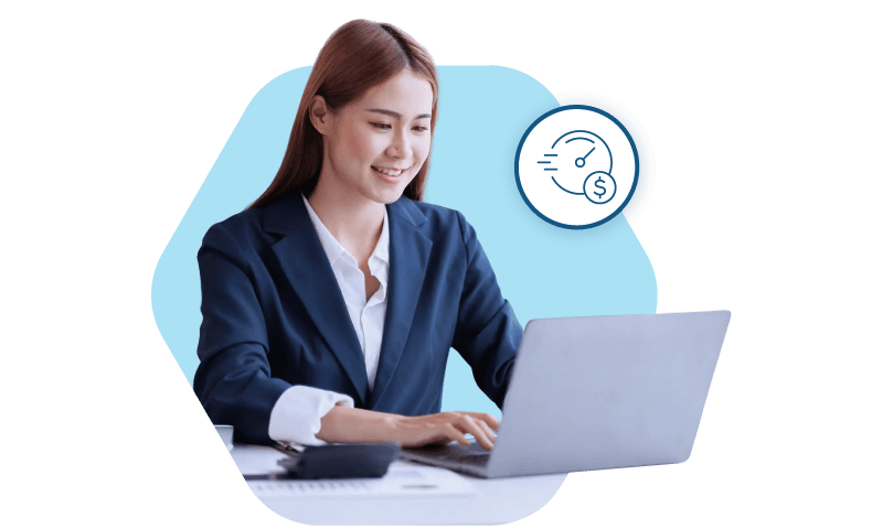 A professional working on a laptop with a digital overlay representing Bullhorn as the best staffing software for staffing agencies.
