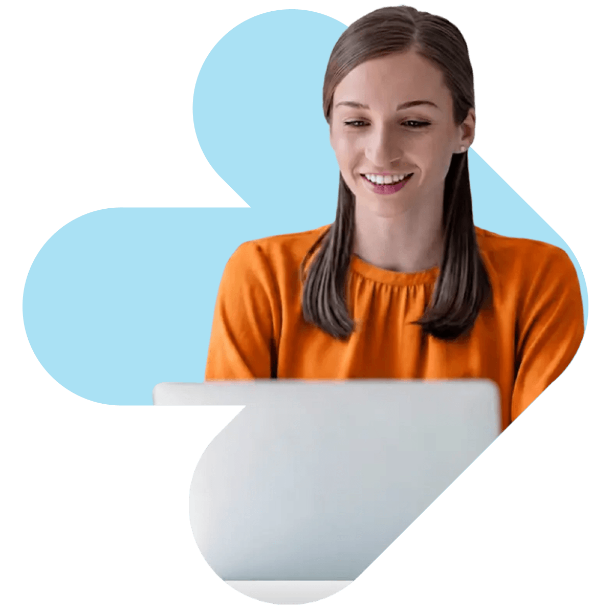A woman in an orange shirt smiling while looking at a laptop screen, framed inside a light blue arrow-shaped graphic, illustrating an AI candidate match for small staffing teams.