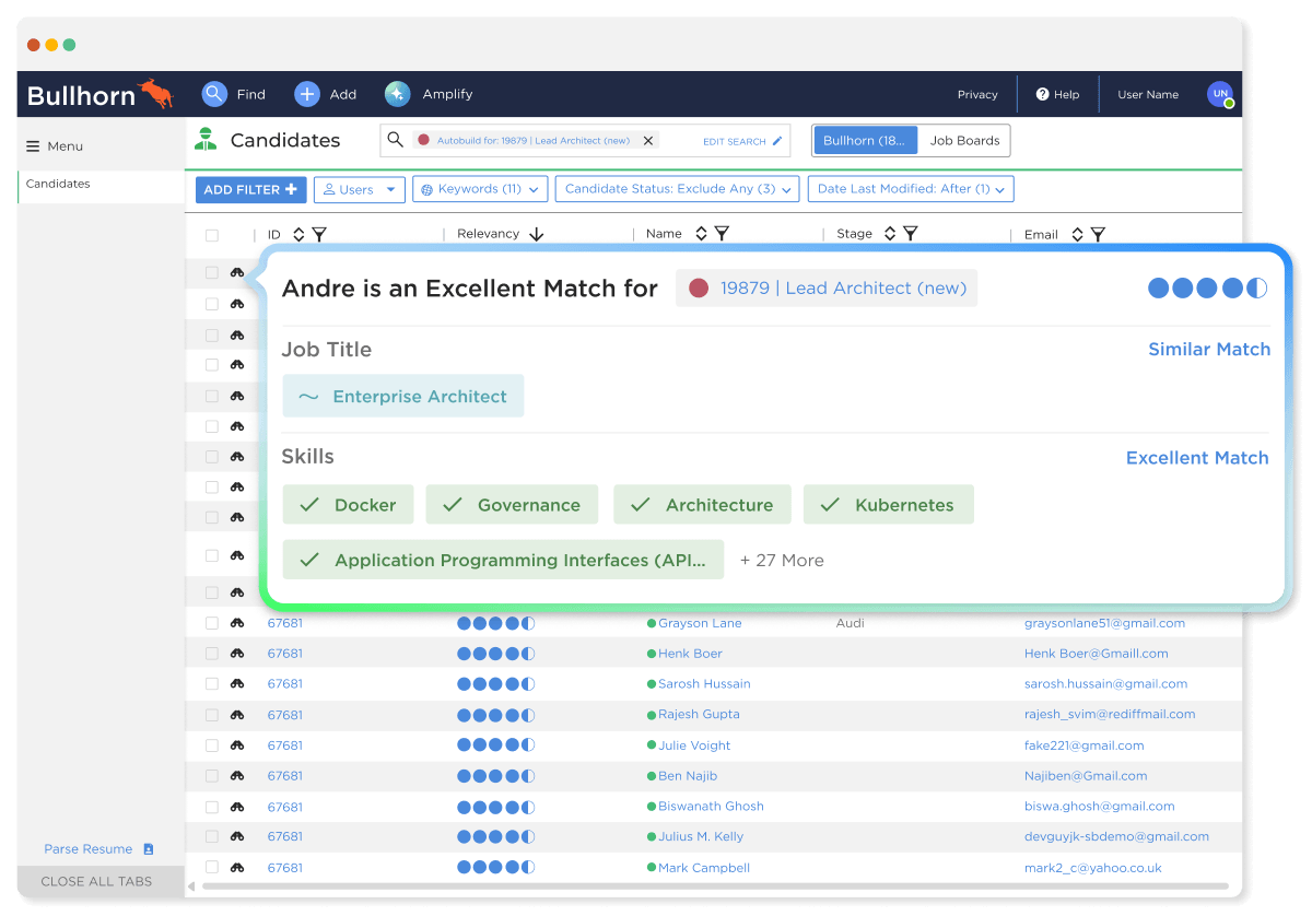 Bullhorn recruitment screen overlay titled "Andre is an Excellent Match" showing a candidate suitability breakdown with skill badges for Docker, Governance, Architecture, and Kubernetes, providing an AI candidate match for small staffing teams.
