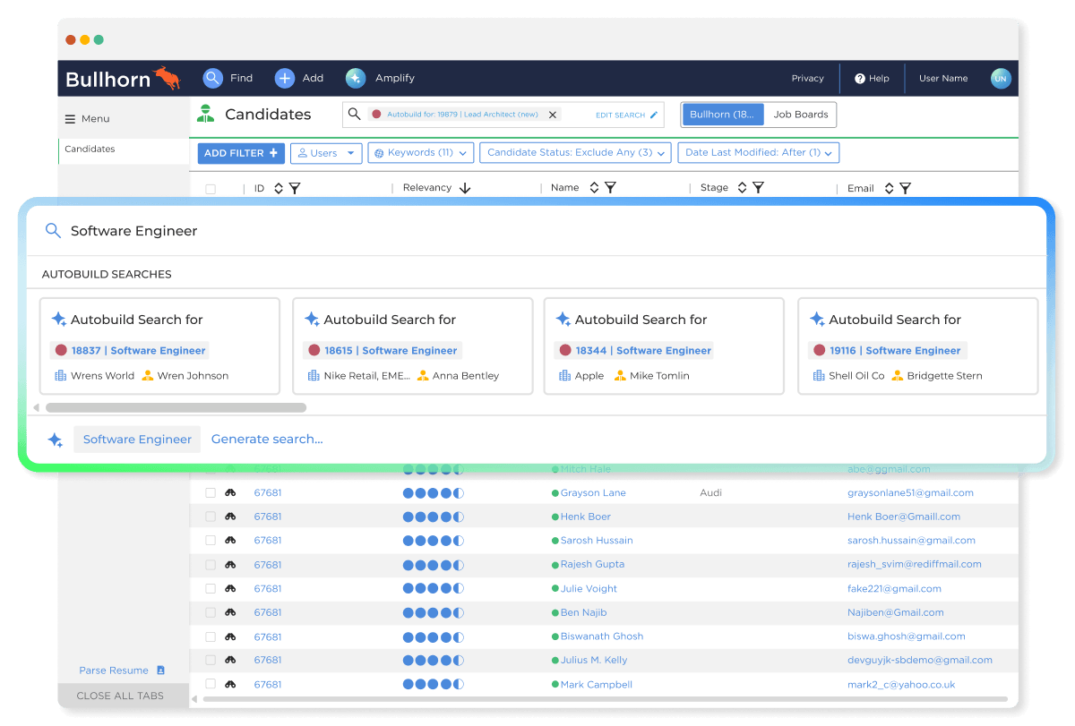 Bullhorn application dashboard displaying an "Autobuild Searches" overlay window containing four automated search blocks for Software Engineer roles, enabling an AI candidate match for small staffing teams.