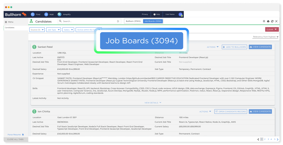 Bullhorn staffing software interface with a prominent "Job Boards (3094)" tab selected, showing external candidate profiles, resume snippets, and skills for an AI candidate match for small staffing teams.