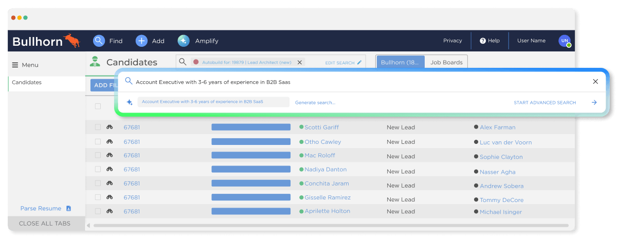 Bullhorn candidate database dashboard featuring a search bar with the natural language text query "Account Executive with 3-6 years of experience in B2B SaaS", showing an AI candidate match for small staffing teams.