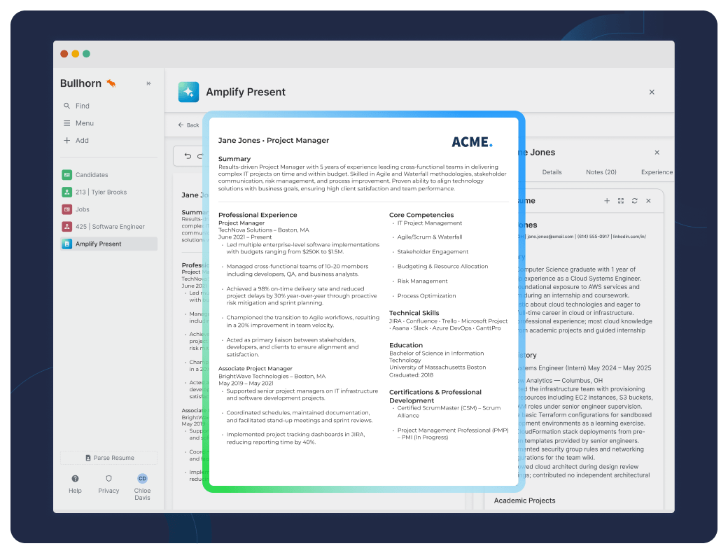 Bullhorn ATS candidate presentation overlay displaying formatted professional experience and skills using Amplify Digital Workers, AI agents to execute high-volume staffing tasks.