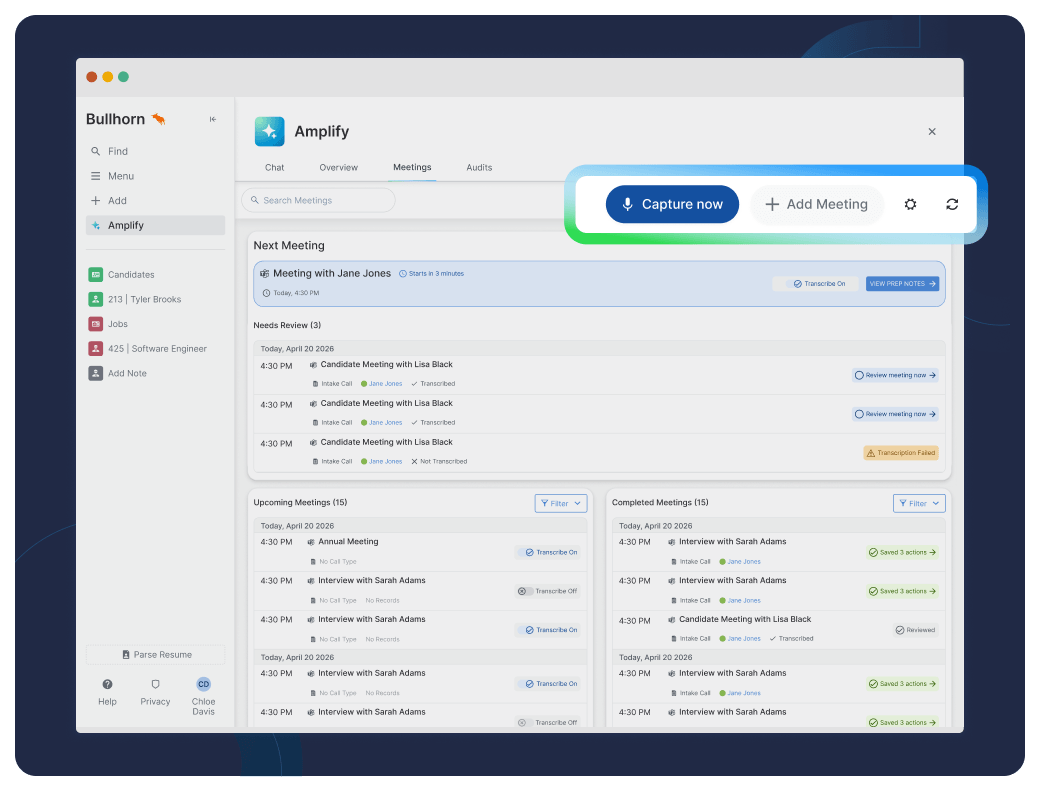 Bullhorn ATS meeting dashboard showing call capture options and scheduled candidate interviews using Amplify Digital Workers, AI agents to execute high-volume staffing tasks.