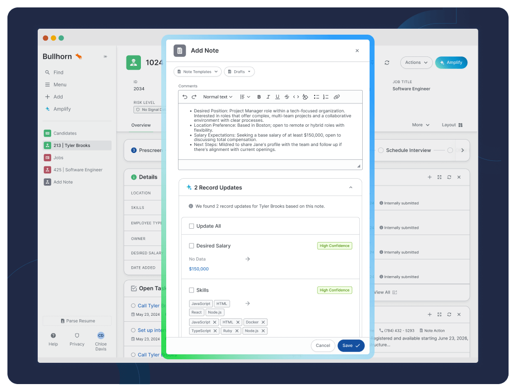 Bullhorn ATS record update modal displaying candidate salary and skill enrichment data using Amplify Digital Workers, AI agents to execute high-volume staffing tasks.