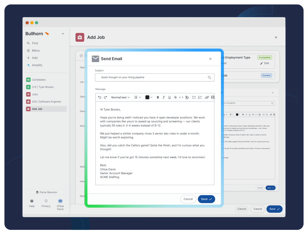 Bullhorn ATS email composition window displaying candidate outreach messaging using Amplify Digital Workers, AI agents to execute high-volume staffing tasks.