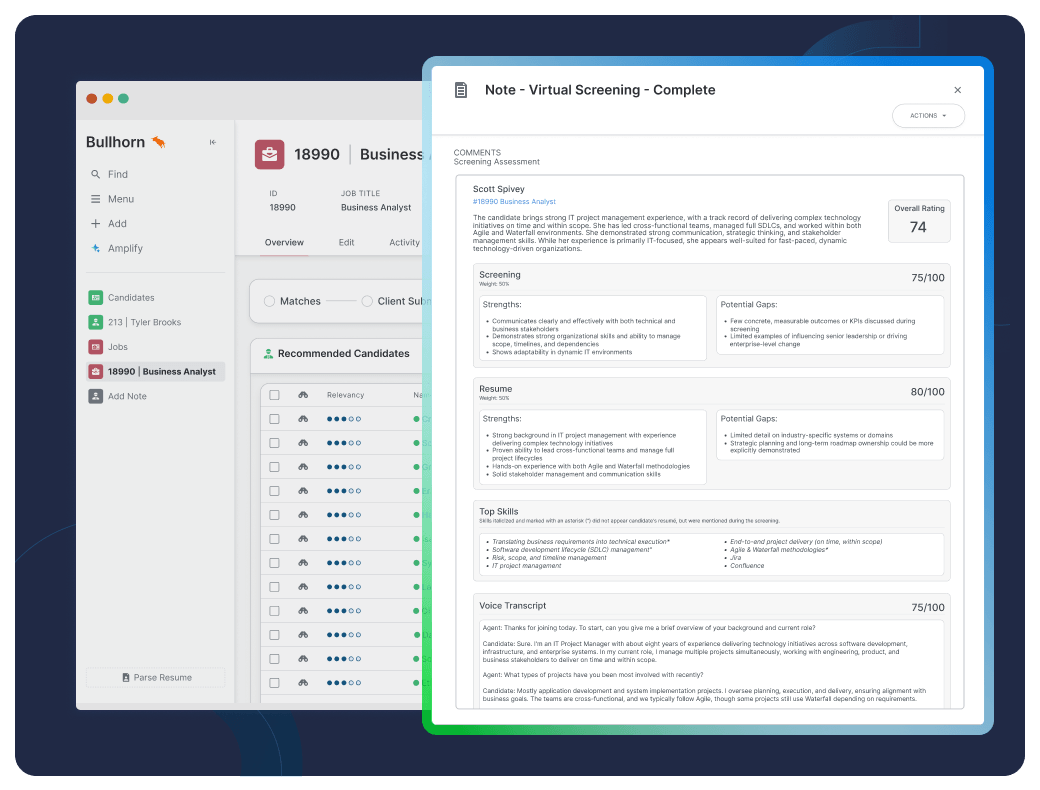 Bullhorn ATS screening evaluation window displaying candidate ratings, score breakdowns, and interview transcripts using Amplify Digital Workers, AI agents to execute high-volume staffing tasks.