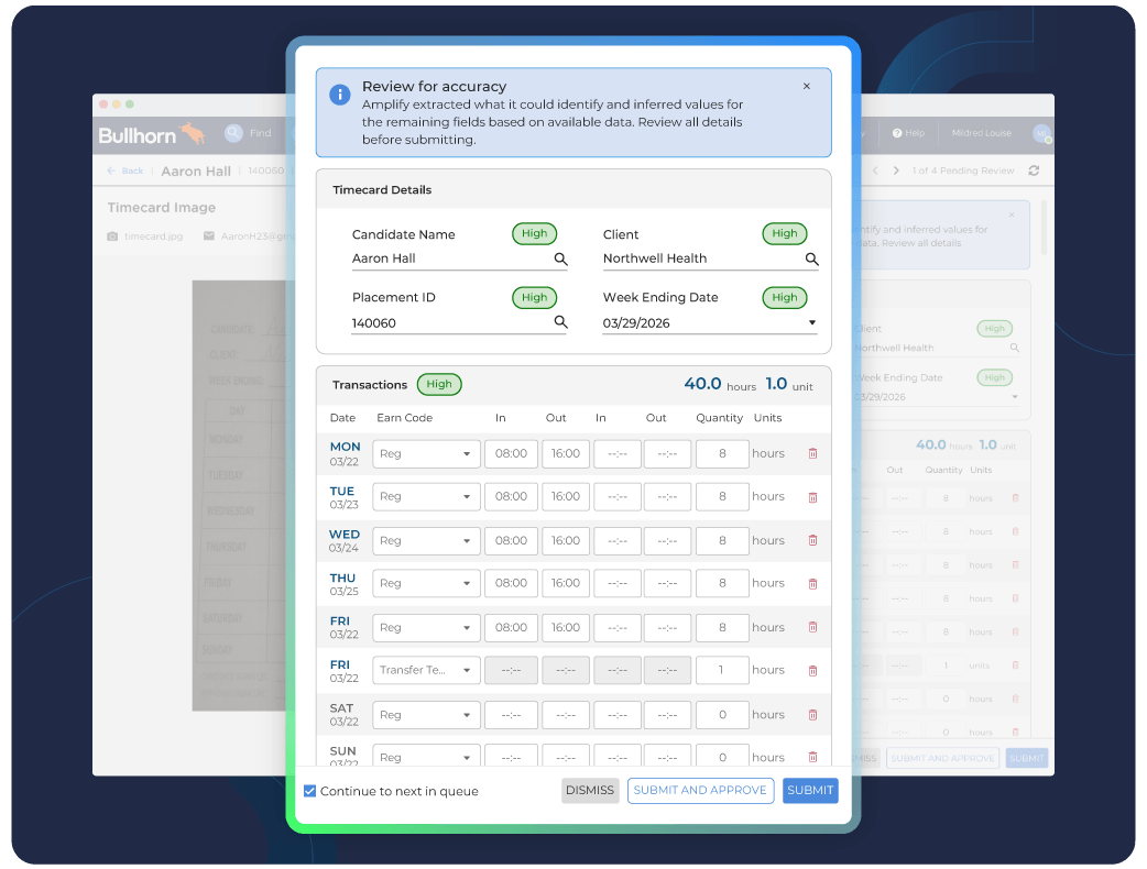 Bullhorn ATS screen displaying extracted timecard data and transaction hours using Amplify Digital Workers, AI agents to execute high-volume staffing tasks.
