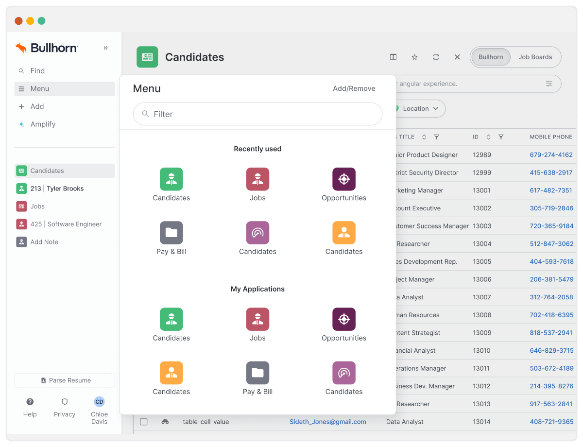 Bullhorn software interface for the best Applicant tracking and CRM system displaying an open navigation menu modal with shortcut icons for Candidates, Jobs, Opportunities, and Pay & Bill over a candidate table.