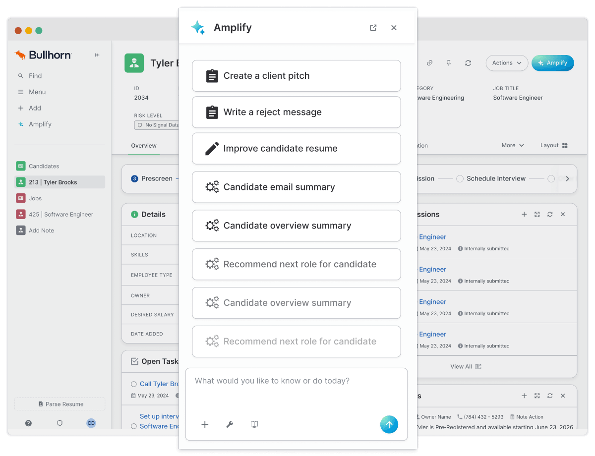 Bullhorn software dashboard for the best Applicant tracking and CRM system showing the Amplify AI panel with options to create client pitches, write rejection messages, and summarize resumes over a candidate profile.