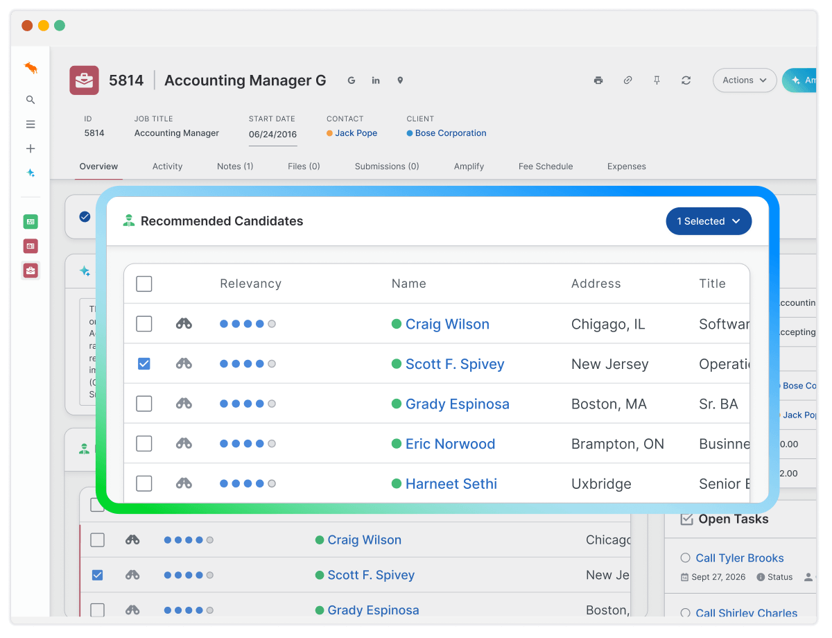 Software dashboard displaying a recommended candidate list ranked by relevancy scores for AI Candidate Search & Match for staffing agencies.